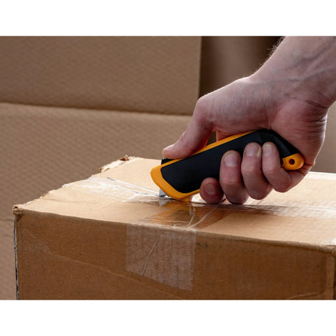 Self Retracting Safety Knife With Fully Auto Blade Release And Round Tip, Spring Activated Blade That Retracts On Lift, Unoverrideable Safety Guard, Durable Construction For Pro Grade Precision And Mess Free Cuts, used on cardboard box