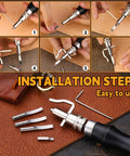 Step-by-step groover tool installation from 4 Pcs Leather Knife Set With 7 In 1 Groover Tool And Leather Cutting Knife, Includes Ebony Wood Edge Burnishers And Slicker For Diy Leathercraft Cutting Grooving Polishing.