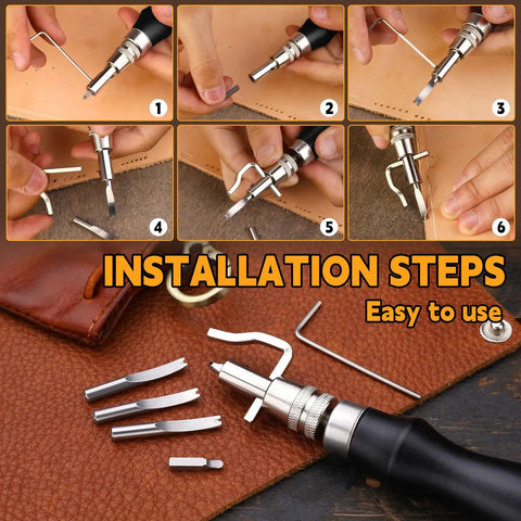 Step-by-step groover tool installation from 4 Pcs Leather Knife Set With 7 In 1 Groover Tool And Leather Cutting Knife, Includes Ebony Wood Edge Burnishers And Slicker For Diy Leathercraft Cutting Grooving Polishing.