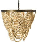 Two Tier Draped Wood Bead Chandelier In Gold Washed Metal With Ivory Beads, 10 Ft Cord And 6 Ft Chain, Boho Chic Statement Piece