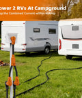 Heavy Duty 50 Amp RV EV Power Splitter Adapter Cord transforms single NEMA 14-50P plug into dual 14-50R outlets at campground.