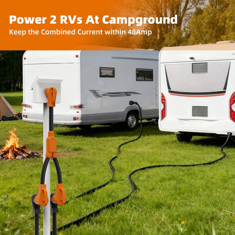 Heavy Duty 50 Amp RV EV Power Splitter Adapter Cord transforms single NEMA 14-50P plug into dual 14-50R outlets at campground.