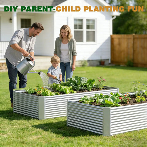 Family gardening with Three Pack 8x4 Ft Galvanized Steel Raised Garden Beds For Veggies, Herbs And Flowers, Outdoor Boxes
