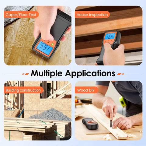 Wood Moisture Meter For Firewood With Digital Pin Type Tester No Brainer Tool For Lumber And Building Materials Detect Water Dampness Visual High Medium Low Alerts For Easy Drying And Prevent Cracks used for various applications including floor test, house inspection, building construction, and wood DIY projects.