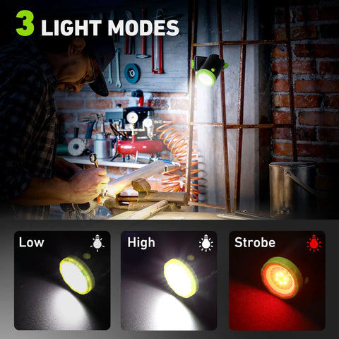 Rechargeable LED Work Light 360-Degree Rotatable With Magnetic Base And Clamp illuminating a workshop with 3 light modes.