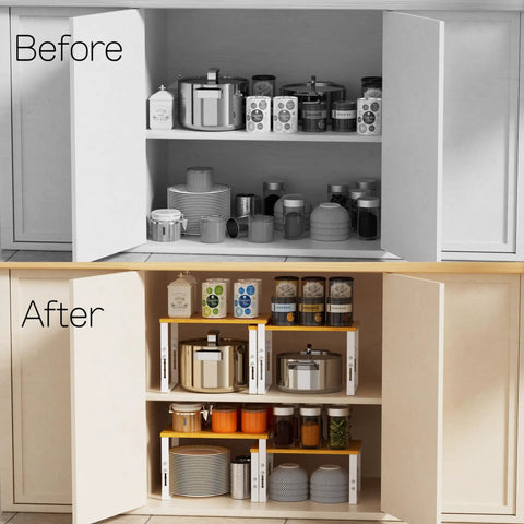 Stackable Adjustable Storage Shelves For Kitchen Cabinets Set Of Two Made Of Metal And Solid Wood Space Saver Organizer