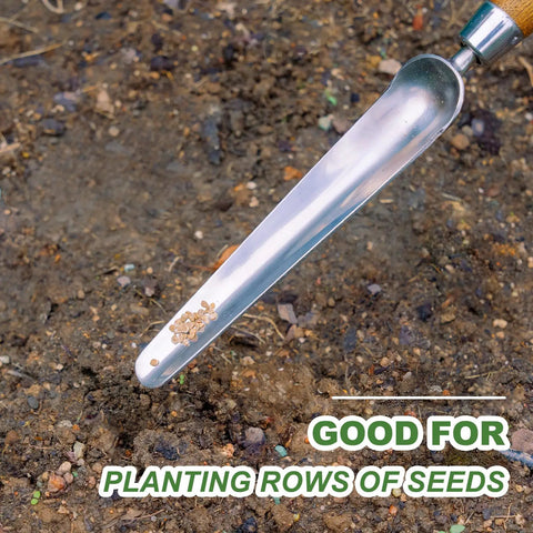 Grab And Go Narrow Garden Trowel For Transplanting And Weeding Stainless Steel Widger with seeds on soil