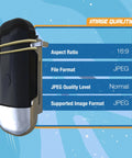 Universal Hd Rocket Camera And Solid Mount For Straight Fire Launch Footage showing detailed image quality specs on a blue background.