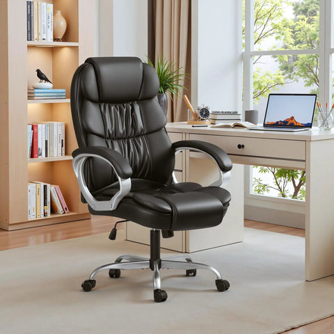 High Back PU Leather Desk Chair With Adjustable Height, Boss Level Modern Executive Swivel Task Chair in home office setting