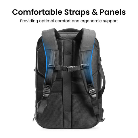 Back view of Go-To Travel Backpack 40L With Large Main Compartment And Seventeen Inch Laptop Sleeve, showing comfortable straps.