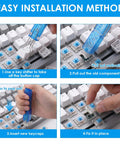 Step-by-step installation of Blue Mechanical Keyboard Switches 100 Pack With Upgraded 4 Claw Puller And Cleaning Brush on keyboard.