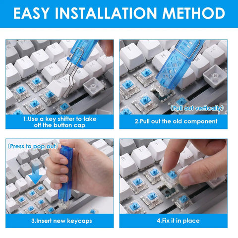 Step-by-step installation of Blue Mechanical Keyboard Switches 100 Pack With Upgraded 4 Claw Puller And Cleaning Brush on keyboard.