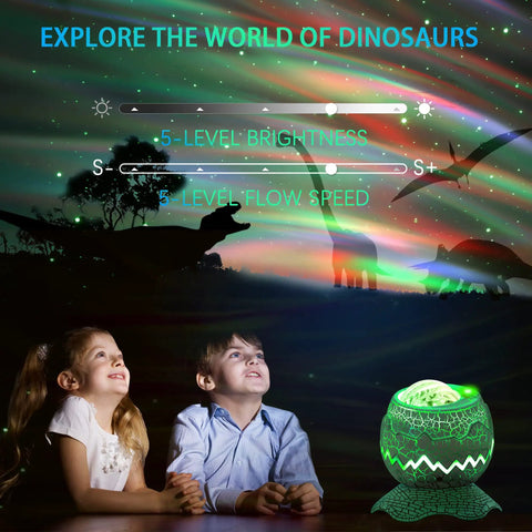 Children watching a light display with 4 In 1 Aurora Galaxy Projector with Bluetooth Speaker, night sky and dinosaurs.