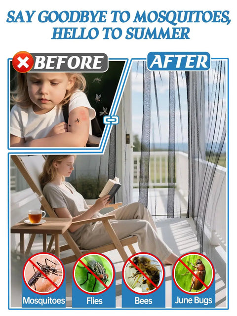 Comparison of child with insect bites and woman sitting behind Two Pack Nearly Invisible Mosquito Net For Patio 13 By 10 Feet Mesh Screen For Outdoor Garden Porch Or Balcony Keeps You Safe From Bugs And Birds While Protecting Plants Easy To Install Black. Shows protection from mosquitoes, flies, bees, and june bugs.