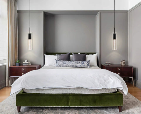Bedroom with Black Pendant Light Fixture For Kitchen Island And Dining Table With Bubble Crystal Glass Shade And LED Bulb Included Matte Black Hanging Ceiling Light For Living Room Hallway Bedroom Elegant Starry Sparkle Effect hanging above nightstands.