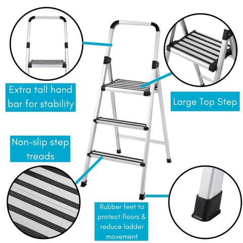 Lightweight Aluminum 3 Step Ladder With Wide Non Slip Steps Foldable Stepladder For Kitchen Pantry Closets And Home Office Space Saving Indoor Use Handy Portable Step Stool Durable Silver Finish, with handrail and large top step