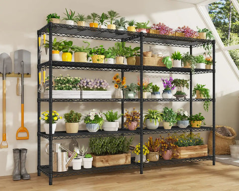 72 Inch Wide Wire Shelving Rack, Heavy Duty 1750 Lbs Capacity, 16 Inch Deep, 76 Inch High, L Shaped Storage Shelves For Garage, Warehouse, Pantry, Basement Organization, black metal rack with potted plants