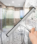 All-purpose stainless steel shower squeegee with two adhesive hooks for glass doors, 10-inch silver