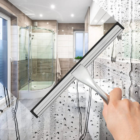 All-purpose stainless steel shower squeegee with two adhesive hooks for glass doors, 10-inch silver
