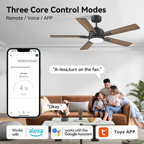 52 Inch Smart Ceiling Fan With Lights Remote Quiet DC Motor Indoor Outdoor Modern Farmhouse Style Dimmable 6 Speed WiFi Alexa Google Assistant App Control Matte Black.