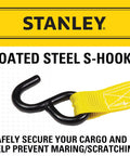One Inch By Ten Foot Ratchet Tie Down Straps with coated steel S-hooks, 500 Pound Safe Working Load, yellow strap detail close-up