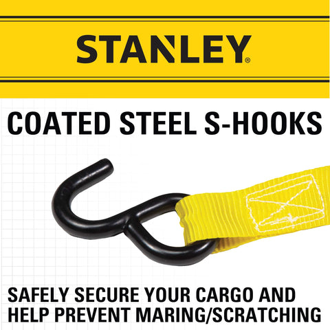 One Inch By Ten Foot Ratchet Tie Down Straps with coated steel S-hooks, 500 Pound Safe Working Load, yellow strap detail close-up