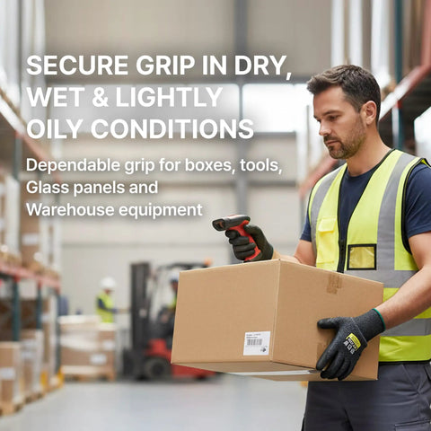 Worker wearing Level 5 Cut Resistant Work Gloves Cru553 with 3D Comfort Fit handling a box in a warehouse