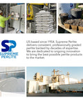 Supreme Perlite manufacturing facility and product samples showcasing coarse horticultural perlite for potting and gardening.