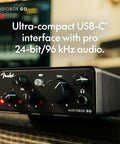 AudioBox Go 2x2 USB C Audio Interface With 24 Bit 96 KHz Conversion for music, podcasts, and mobile recording, front view.