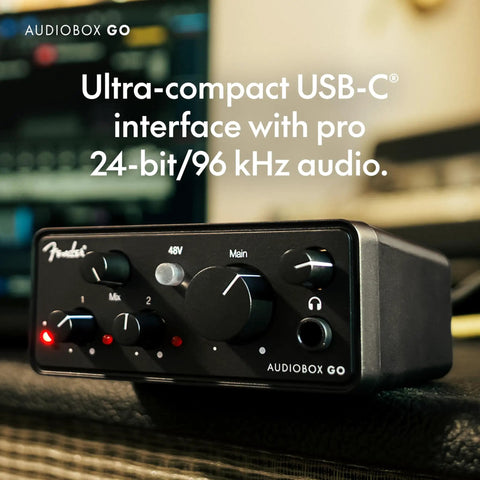 AudioBox Go 2x2 USB C Audio Interface With 24 Bit 96 KHz Conversion for music, podcasts, and mobile recording, front view.