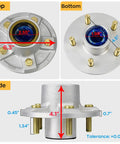 Beefed-Up Trailer Hub Assembly Set Of 2 For 3500 Lb Axles With 5 Lug 4.5 Inch Bolt Pattern And Tapered Spindle Fit 1-1/16 Inch To 1-3/8 Inch Universal Boat And Utility Trailer Hubs, showing top, bottom, side dimensions.
