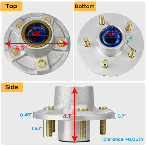 Beefed-Up Trailer Hub Assembly Set Of 2 For 3500 Lb Axles With 5 Lug 4.5 Inch Bolt Pattern And Tapered Spindle Fit 1-1/16 Inch To 1-3/8 Inch Universal Boat And Utility Trailer Hubs, showing top, bottom, side dimensions.