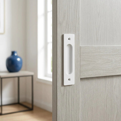 Heavy Duty Aluminum Flush Pulls 2 Pack Recessed Sliding Door Handles With Mounting Screws Barn Closet And Cabinet Drawer Knobs Super Quick Install Pocket Door Hardware Fresh White Finish 5.9 Inch installed on a wooden sliding door.