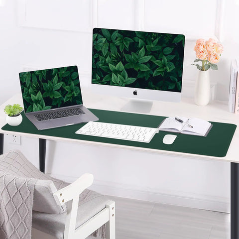 Beefy Dual Sided Cork And PU Leather Desk Pad 47 Inch By 17 Inch Waterproof Non Slip Office And Gaming Desk Mat in dark green on desk.