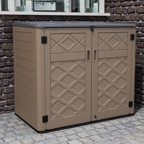 Weatherproof Outdoor Storage Shed Cabinet 48 Cu Ft Extra Large double-layer resin on cobblestone patio