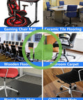 Office chair wheels replacement 5-pack shown on chairs across wood, carpet, and tile flooring collage.