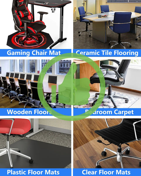 Office chair wheels replacement 5-pack shown on chairs across wood, carpet, and tile flooring collage.