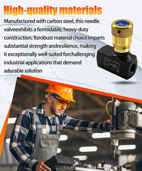 Heavy Duty Hydraulic Flow Control Needle Valve for Single Direction Shutoff, 5000 PSI, Carbon Steel, with industrial worker