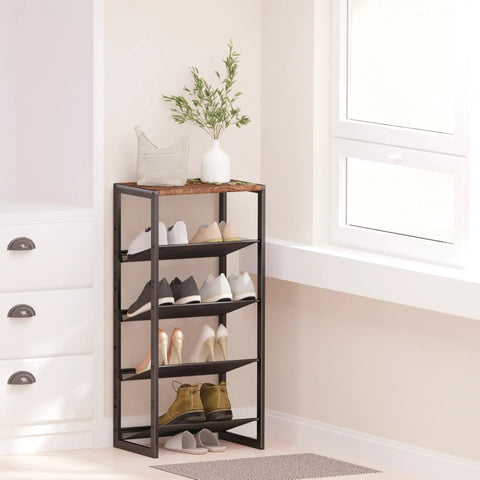 Hella Narrow Five Tier Shoe Rack With Classic Wooden Top Reinforced Steel Mesh holds ten pairs of sneakers in a compact hallway space.