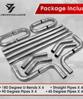 2.5 Inch Universal Mild Steel Exhaust Kit With Mandrel Bends 16 Gauge Piping Built Tough For Real World Street Use Includes 4 Straight 47.3 Inch Pipes 4 90 Degree 4 45 Degree 4 180 Degree U Bends 16 Pieces 2 Packs, showing exhaust kit components arranged in a layout