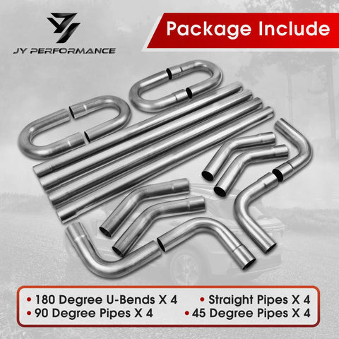 2.5 Inch Universal Mild Steel Exhaust Kit With Mandrel Bends 16 Gauge Piping Built Tough For Real World Street Use Includes 4 Straight 47.3 Inch Pipes 4 90 Degree 4 45 Degree 4 180 Degree U Bends 16 Pieces 2 Packs, showing exhaust kit components arranged in a layout
