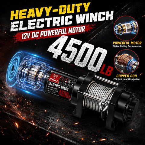 Heavy Duty Electric Winch With Steel Cable 4500 Lb Pulling Power For Atv Utv Trailer, 12V DC Motor with copper coil.