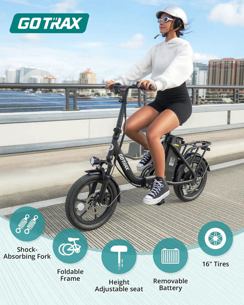 S4 16 Inch Folding Electric Bike For Adults And Teens With 350W Brushless Motor Peak 500W, rider on black foldable frame