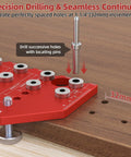 Handy Dual Function Shelf Pin And Hinge Jig 2 In 1 With 11 Hole Template on wood, showing drilling process and measurements