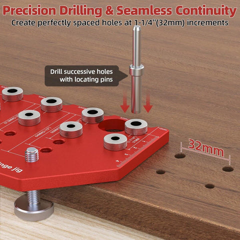 Handy Dual Function Shelf Pin And Hinge Jig 2 In 1 With 11 Hole Template on wood, showing drilling process and measurements