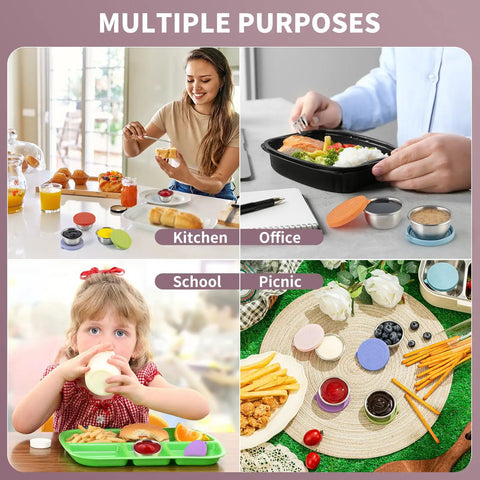 Eight Pack 1.6 Oz Portable Salad Dressing Containers With Lids Leakproof Reusable Stainless Steel Sauce Cups for lunches, travel, picnics, and meal prep, shown in various settings including kitchen, office, school, and picnic.