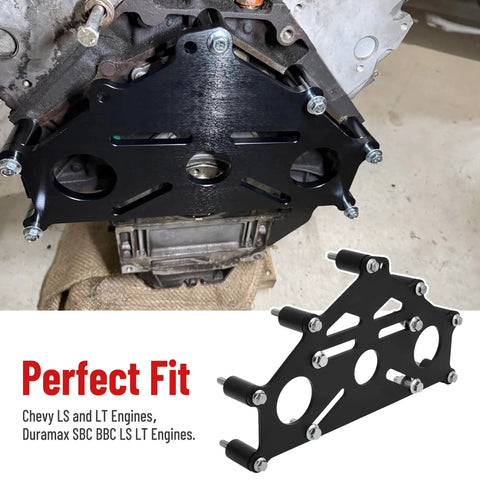 Beefy Heavy Duty Billet Aluminum Engine Stand Adapter Plate Mount Bracket For V8 And V6 Engines Built Tough For Rebuilds And Maintenance Fits Duramax Five Point Three Liter Six Point Zero Liter And Four Point Eight Liter Blocks installed on LS engine