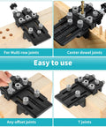 Self Centering Dowel Jig Kit With 1/4 3/8 1/2 Drill Bushings For Flawless Woodworking Joints highlighting multi row, center, offset, T joints.