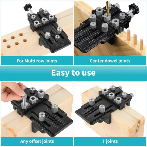 Self Centering Dowel Jig Kit With 1/4 3/8 1/2 Drill Bushings For Flawless Woodworking Joints highlighting multi row, center, offset, T joints.