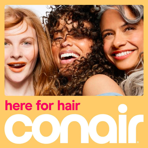 Three women smiling showcasing a variety of hair types and styles. Text reads 'here for hair Conair'.